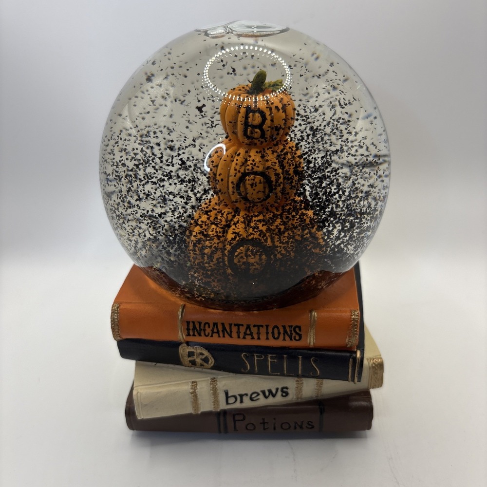 Halloween Musical Snow Globe Stacked Orange Pumpkins BOO Spell Books Decor